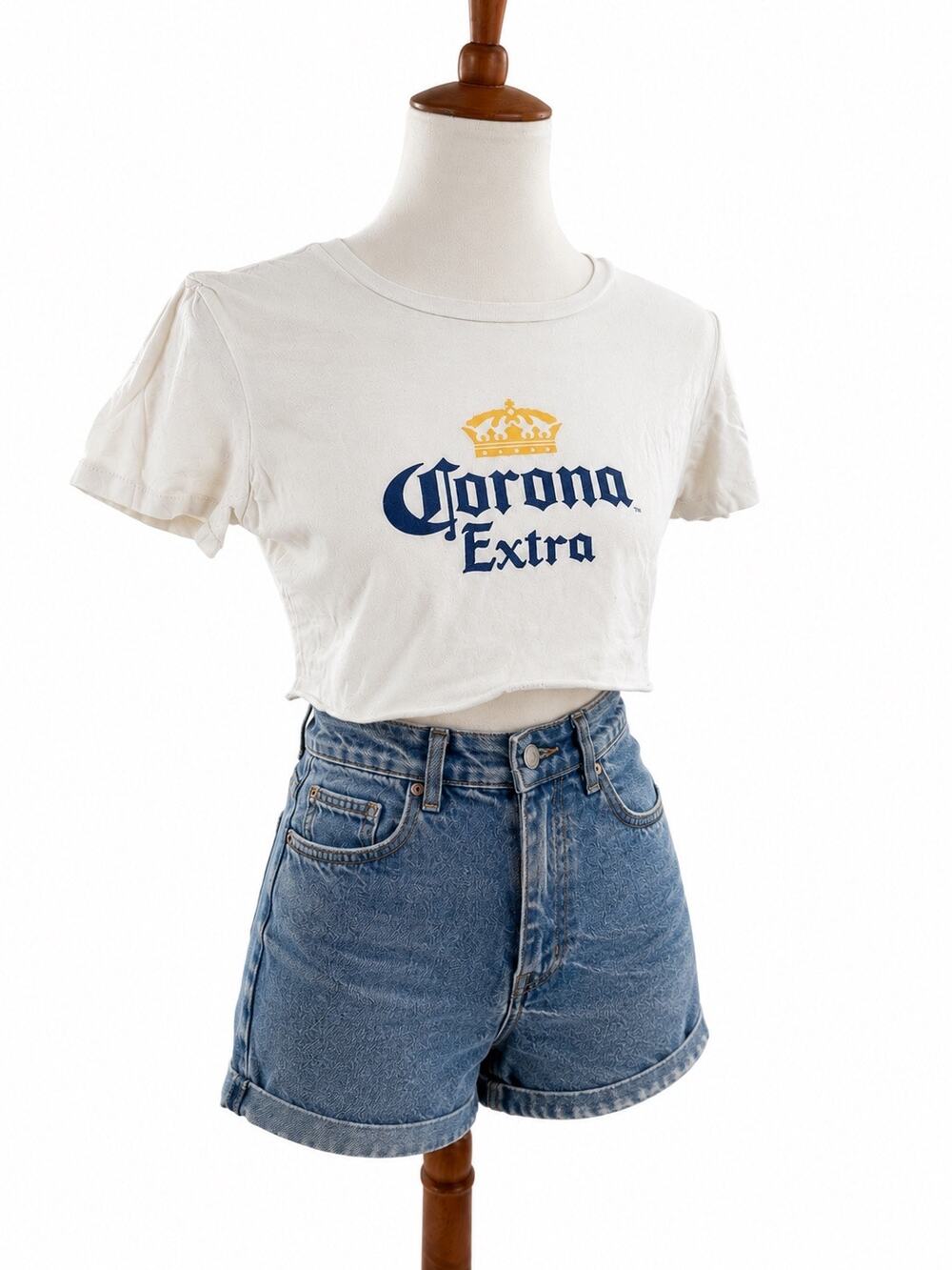 Corona Extra White Cropped Graphic Tee Short Sleeve Beer Logo Crop Top Small